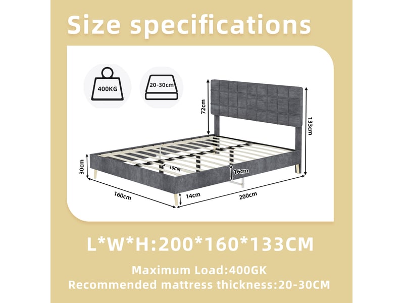  Lit double 160 x 200 cm gris foncé avec tête de lit capitonnée et matelas inclus  - Conforama C