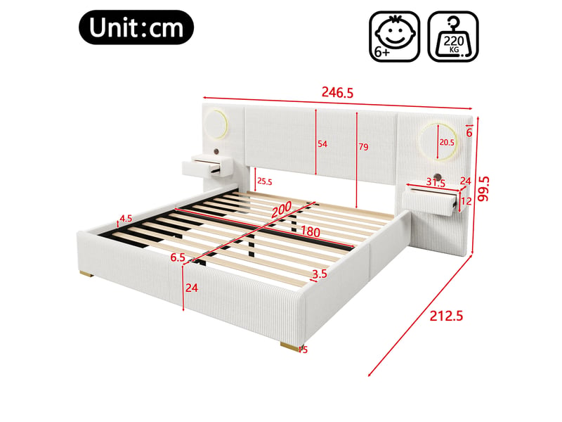  Lit rembourré 180 × 200 cm 2 places avec led réglable, usb, tiroirs de chevet, sans matelas, velours beige  - Conforama D