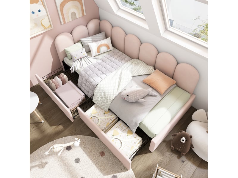  Lit banquette 90x190 cm en velours rose avec 2 tiroirs et sommier  - Conforama B
