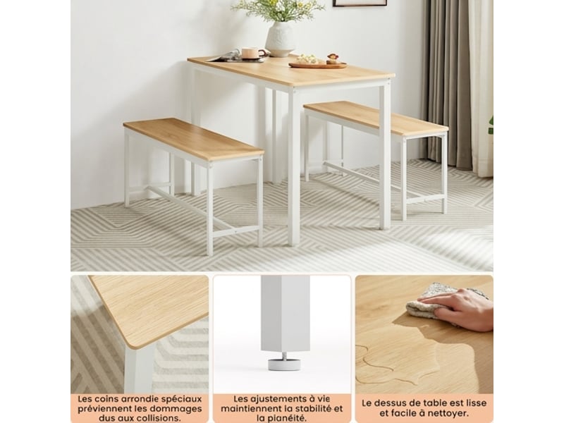  Ensemble table à manger 110x60 cm et 2 bancs, 4 personnes, style industriel naturel et blanc  - Conforama E