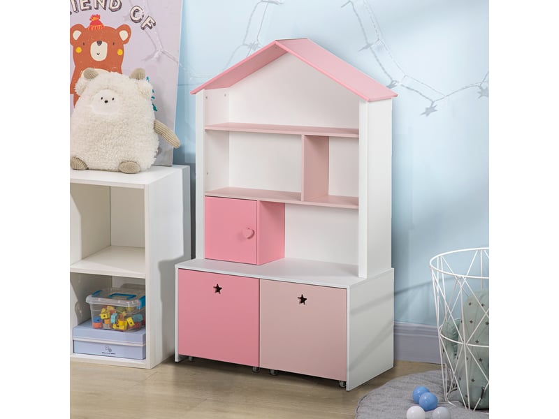  Bibliothèque enfant en bois, avec 4 compartiments, 1 porte et 2 tiroirs à roulettes pour livres et jouets, 80 x 34 x 130 cm, rose et blanc  - Conforama C