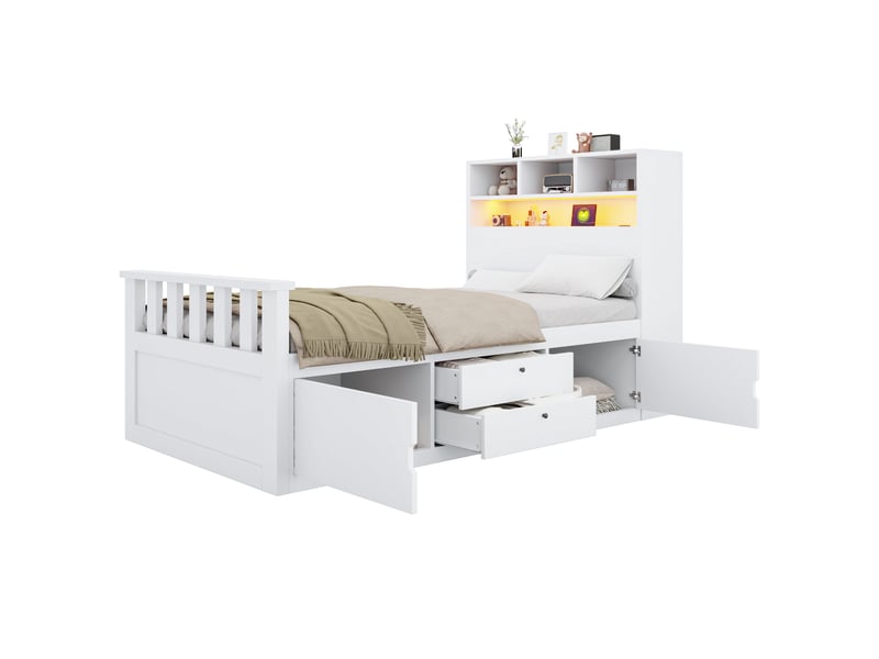  Lit en bois 90 × 200 cm – avec espaces de rangement – ​​inclut 2 tiroirs – équipé d’un ruban led et d’un port de chargement usb – blanc (matelas non inclus)  - Conforama A