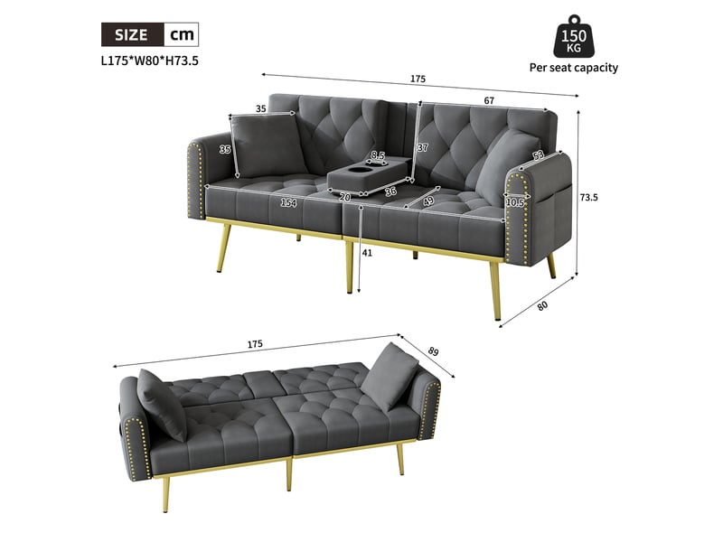  Canapé-lit 2 places 175x80x73,5 cm, accoudoirs et porte-gobelets, dossier réglable, finition velours gris  - Conforama C
