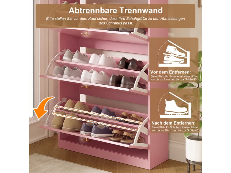 Meuble à chaussures rose 80 × 24 × 178,5 cm, panneau de particules, 3 abattants, crochets intégrés, rangements ouverts - Conforama D