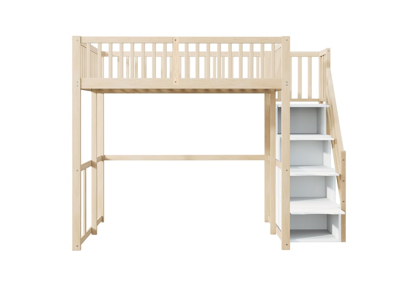  Lit mezzanine 140x200 cm - escalier avec rangements intégrés - barrières de sécurité - espace modulable sous le lit - mdf - bois  - Conforama W