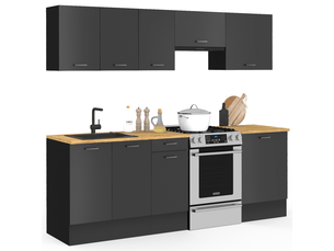Cuisine complète 240 cm subtil avec plan de travail 7 éléments noir et plateaux bois