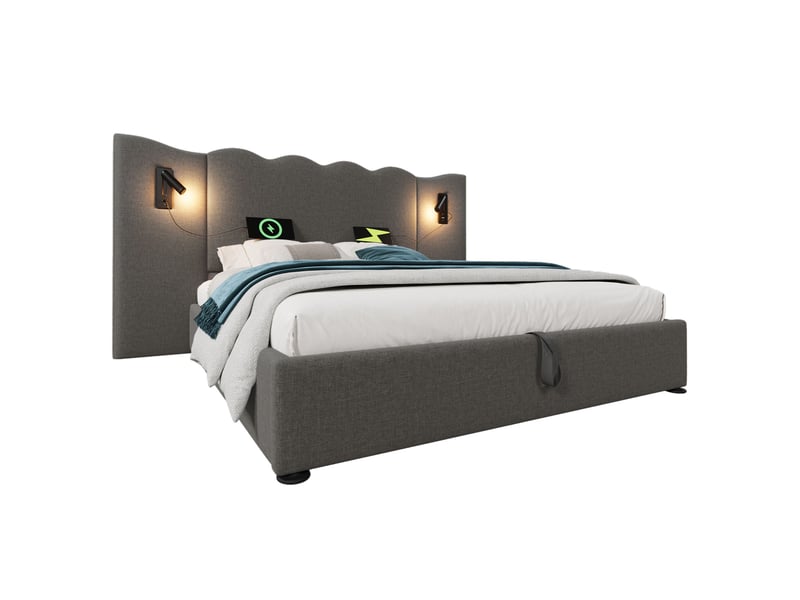 Lit double 160x200 cm - matelas inclus, lampe de lecture, ports usb-c, coffre de rangement, sommier bois et métal - Conforama A