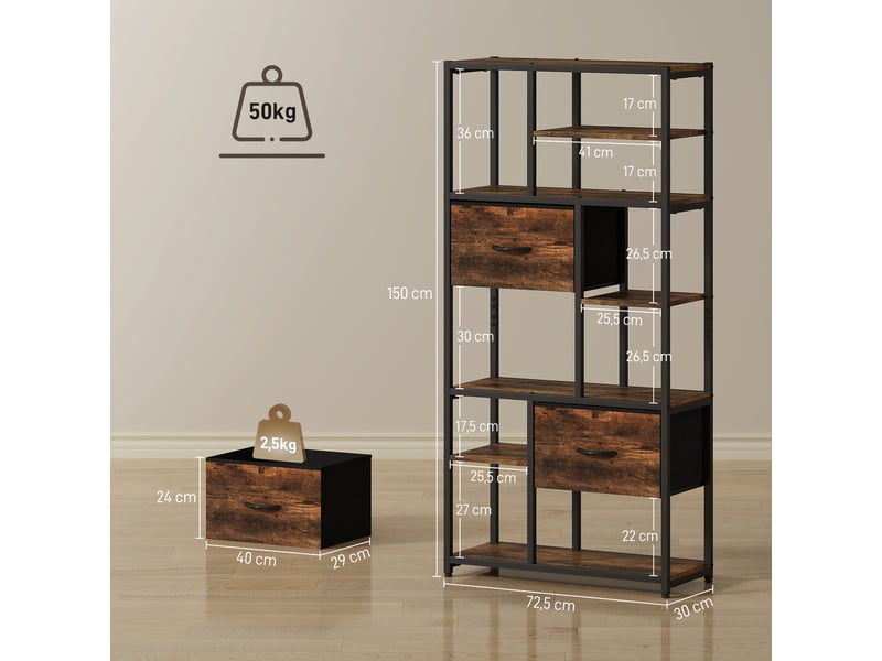  Étagère de rangement, 2 tiroirs en tissu, 9 compartiments ouverts, étagère autoportante avec structure en acier, marron et noir  - Conforama E