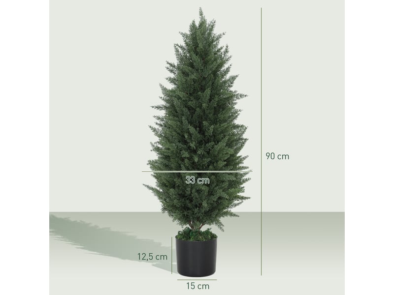  Lot de 2 cyprès artificiels, 831 feuilles, pot en ciment, résistants aux uv, 90 cm, verts  - Conforama E