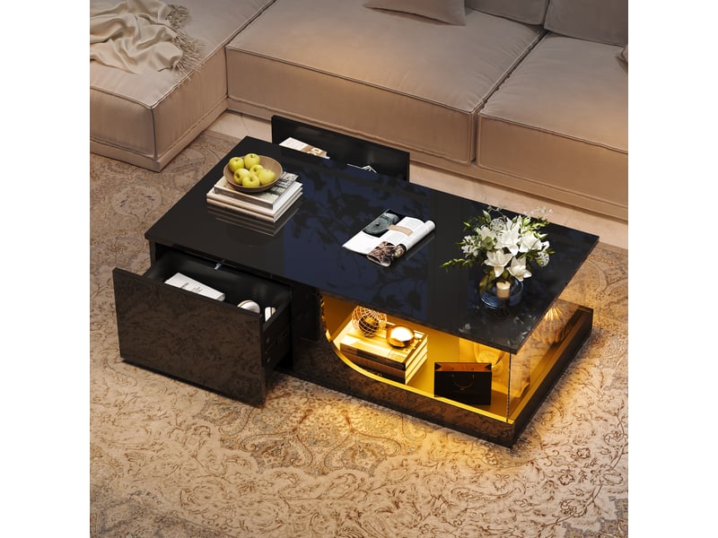  Table basse noire brillante avec led, table de salon design 100x50x30 cm, 2 tiroirs, verre trempé  - Conforama E