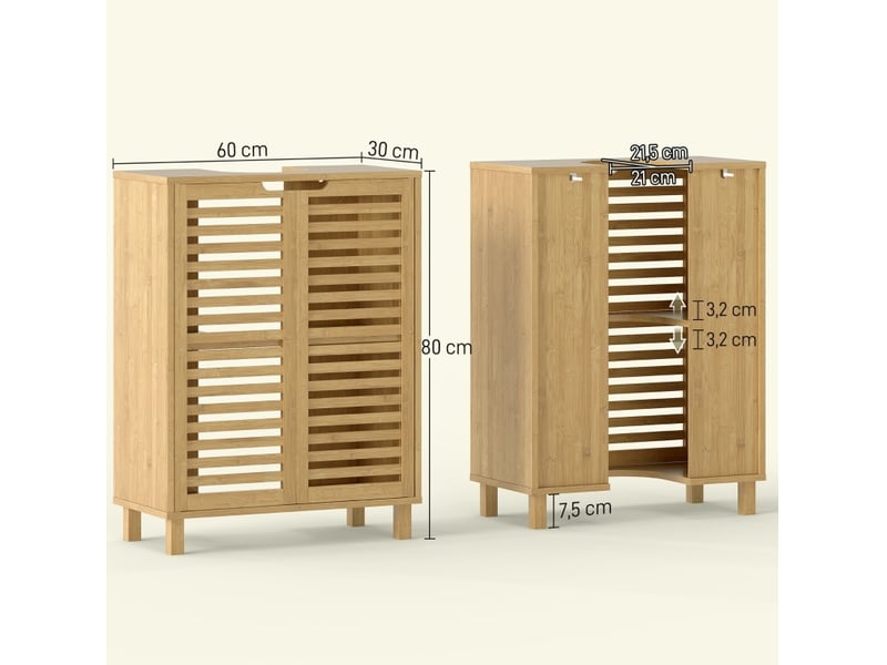 Meuble sous lavabo 60x30x80 cm portes persiennes bambou naturel - Conforama E