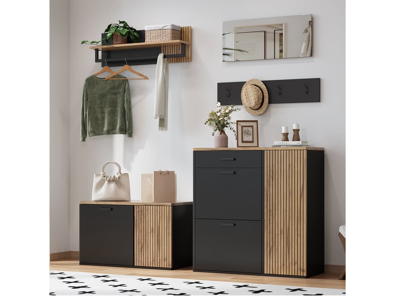  Meuble d’entrée 5 pièces avec rangement, banc à chaussures et miroir - lpospi - panneaux muraux, bois aggloméré naturel  - Conforama C
