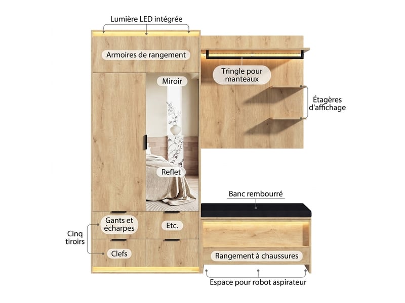  Armoire penderie 90x50x200 cm avec portes battantes et 2 tiroirs, bois et gris  - Conforama B