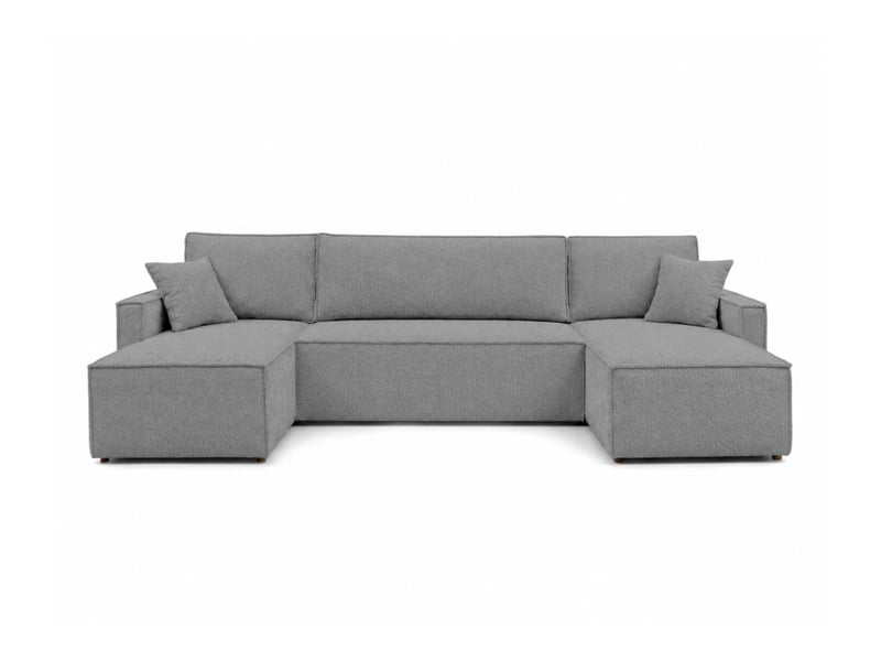  Farah - canapé d'angle panoramique convertible 6 places accoudoirs slim en tissu bouclettes généreuses  - Conforama E