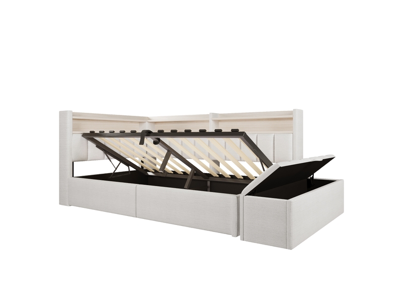  Lit coffre hydraulique 90x200 cm avec led, usb-a et usb-c, banc coffre et tête réversible, tissu lin crème, sans matelas  - Conforama A
