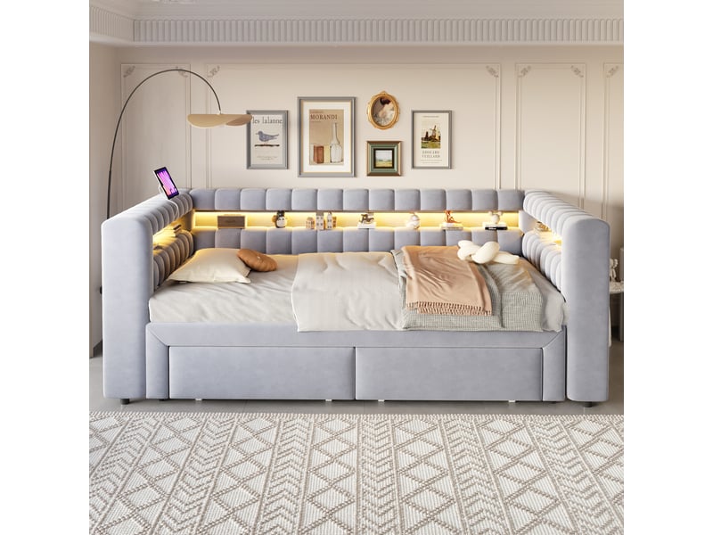  Lit gigogne 90x190 cm - banquette convertible 180x190 cm - 2 tiroirs - led usb-c - gris  - Conforama R
