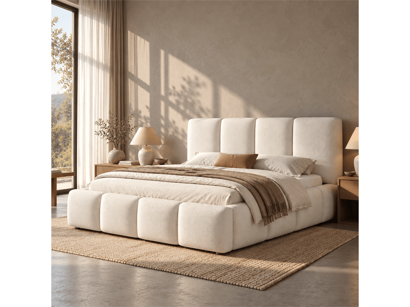  Lit coffre hydraulique 180x200 cm en tissu bouclé, lit double adulte rembourré avec grand rangement, tête de lit matelassée - blanc  - Conforama D