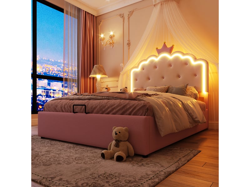 Lit coffre enfant 140x200cm avec led, rangement, style princesse, sommier, pu+mdf, rose, sans matelas - Conforama C