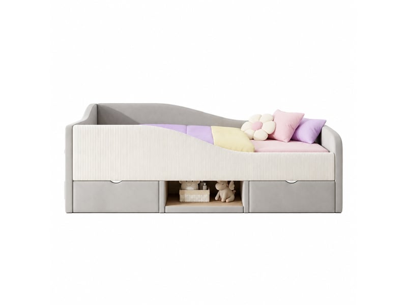 Lit enfant 90 × 190 cm avec barrières, 2 tiroirs, rangement ouvert et compartiment à chaussures, sans matelas, gris - Conforama A