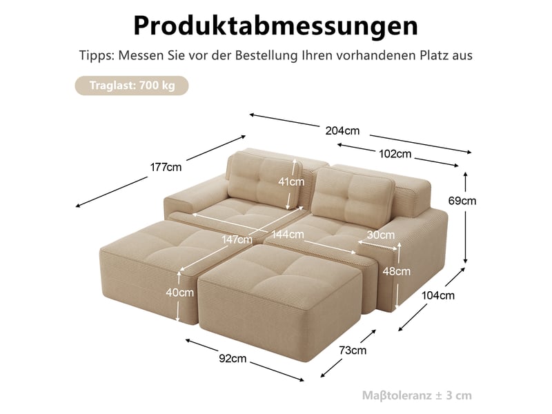  Canapé modulaire 2 places 204x177x69 cm en velours côtelé beige  - Conforama C