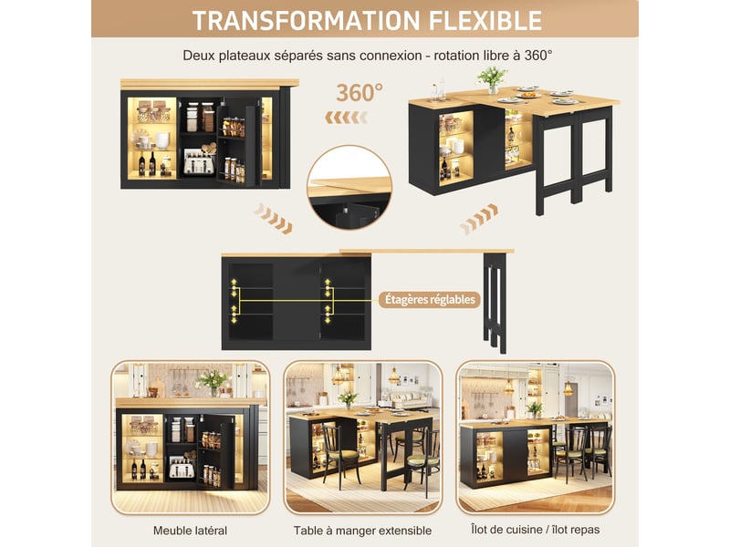 Îlot de cuisine extensible 120-197 cm avec led rgb réglable par application, portes magnétiques, blanc et noir - Conforama B