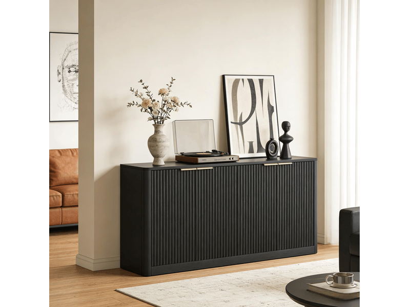  Buffet de rangement 150 cm, 4 portes à panneaux ondulés en mdf noir  - Conforama C