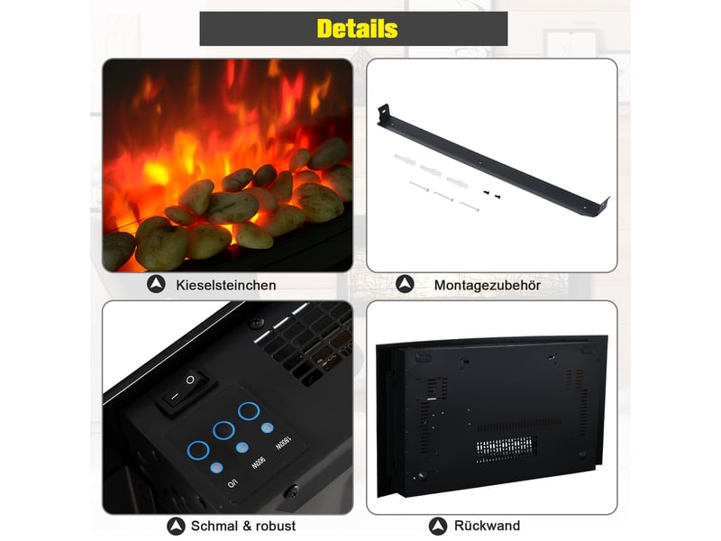Cheminée électrique murale 65 cm, effet flamme led 3d, chauffage 9001800 w, 7 couleurs - Conforama W