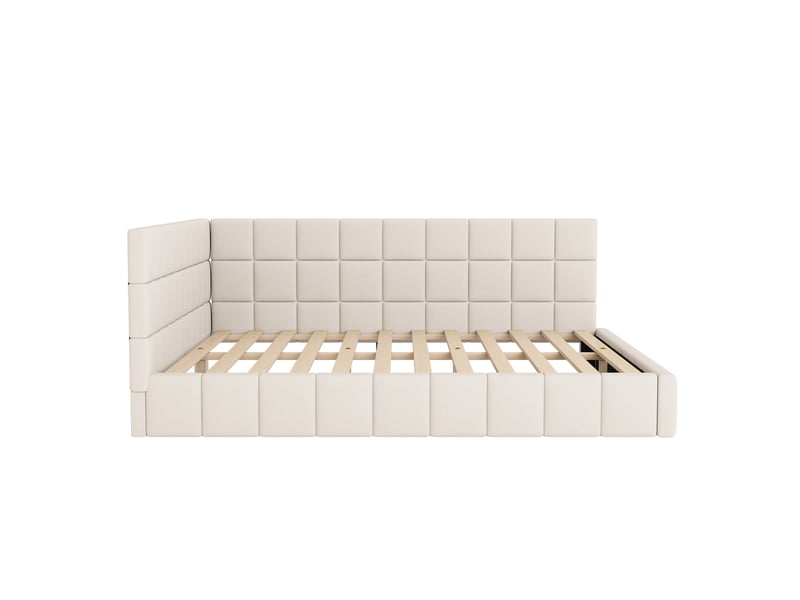  Lit banquette 160x200 cm multifonction en velours beige, dossier rembourré et sommier à lattes  - Conforama A