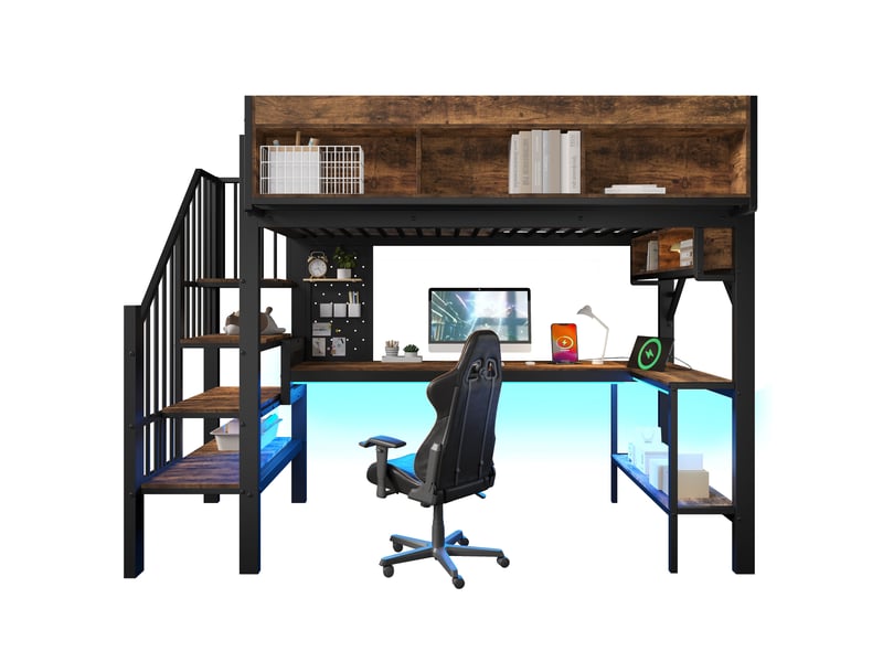  Lit mezzanine noir et bois vintage 90x200cm avec rangement, structure robuste, sécurité renforcée - fer et mdf - pour enfant ado  - Conforama A