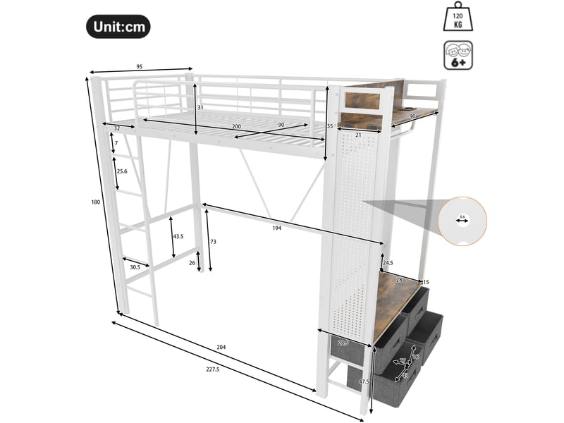  Lit mezzanine 90x200 cm, barre panneau perforé, lumières avec éclairage led multicolores, 4 tiroirs, prise usb et usb-c, métal mdf, blanc sans matelas  - Conforama C