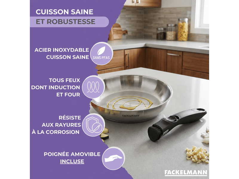  Lot de 2 poêles en inox de 24 cm et 28 cm avec manche amovible fackelmann inogrip 9105750B88 - Conforama C