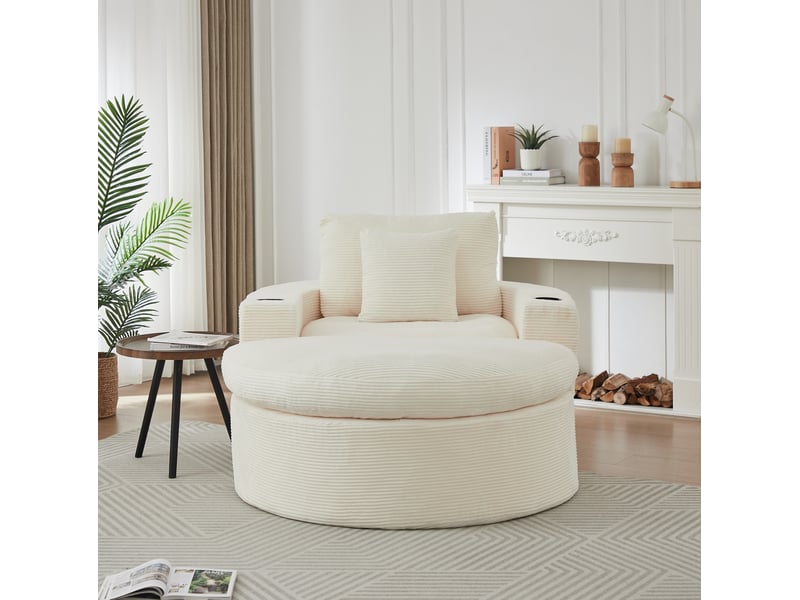  Fauteuil lounge modenvie avec repose-pieds modulable velours côtelé beige  - Conforama D