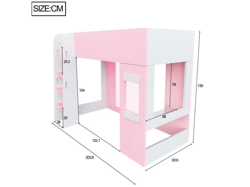 Lit mezzanine enfant 90x200 cm avec bureau et led, rose et blanc, sans matelas - Conforama C