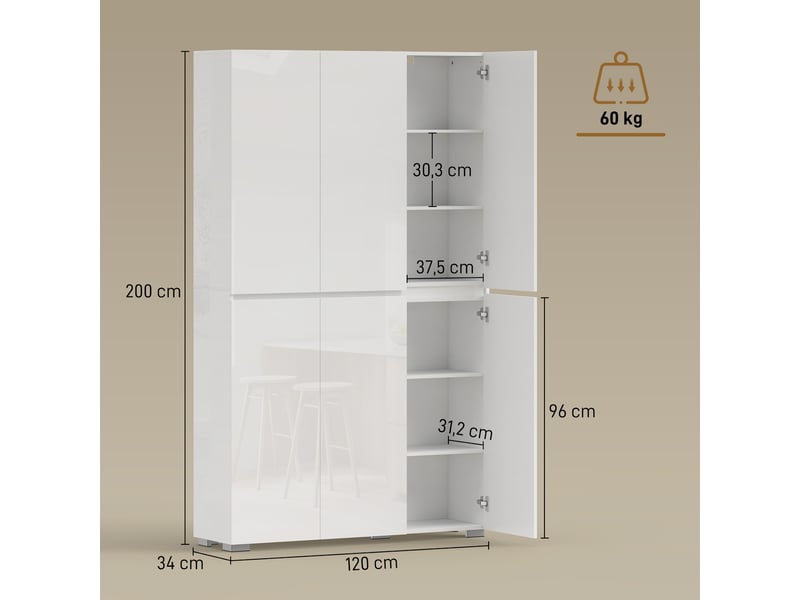  Buffet haut | armoire de cuisine à haute brillance 6 portes à fermeture douce étagères réglables blanc  - Conforama E