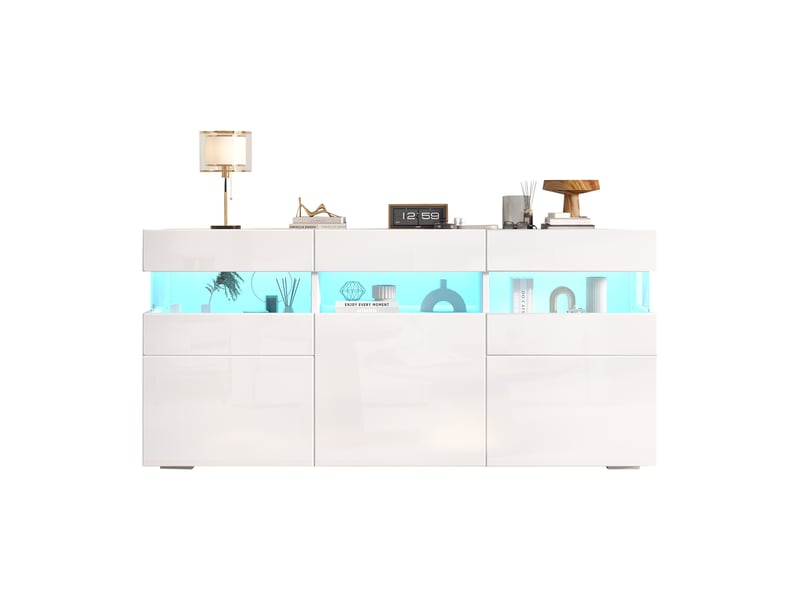  Buffet blanc 140x40,5x66,5 cm avec 3 portes, led et façade acrylique transparente  - Conforama A