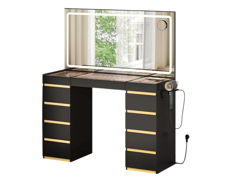 Coiffeuse avec miroir led, 11 tiroirs, station de charge, plateau en verre,112x40x133 cm,noir+doré - Conforama A