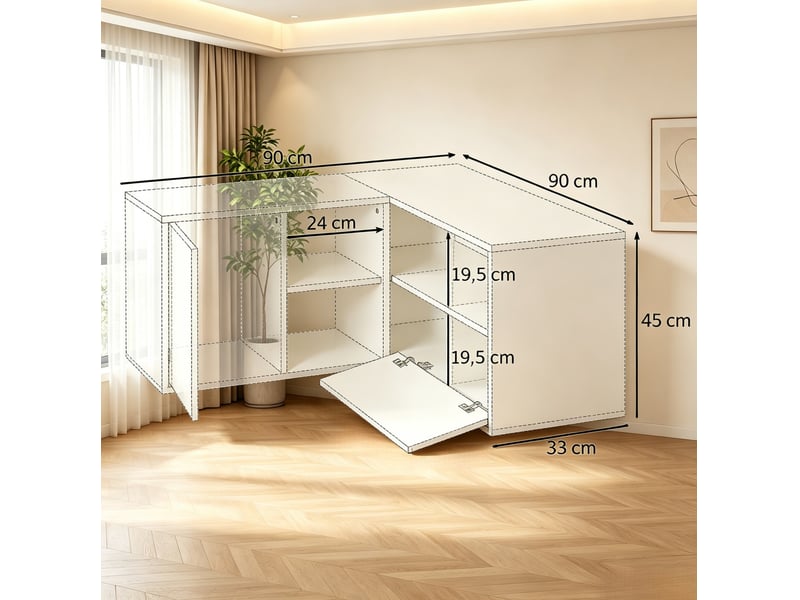  Meuble tv d’angle tcqpz 90 x 90 x 45 cm 5 espaces de rangement panneaux de particules blanc et bois clair  - Conforama C