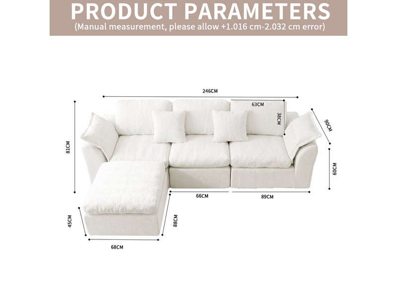  Canapé modulable 4 places 246x90 cm, canapé d'angle convertible avec pouf mobile, assise profonde en chenille beige OMNIGLINT TRADING LTD - Conforama C