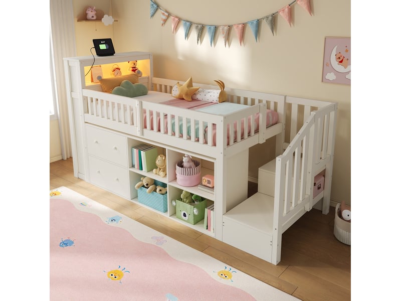  Lit mi-hauteur 90x200 cm, placard‑échelle, avec éclairage led usb usb-c, rangements en niches, bois et mdf blanc, sans matelas  - Conforama D