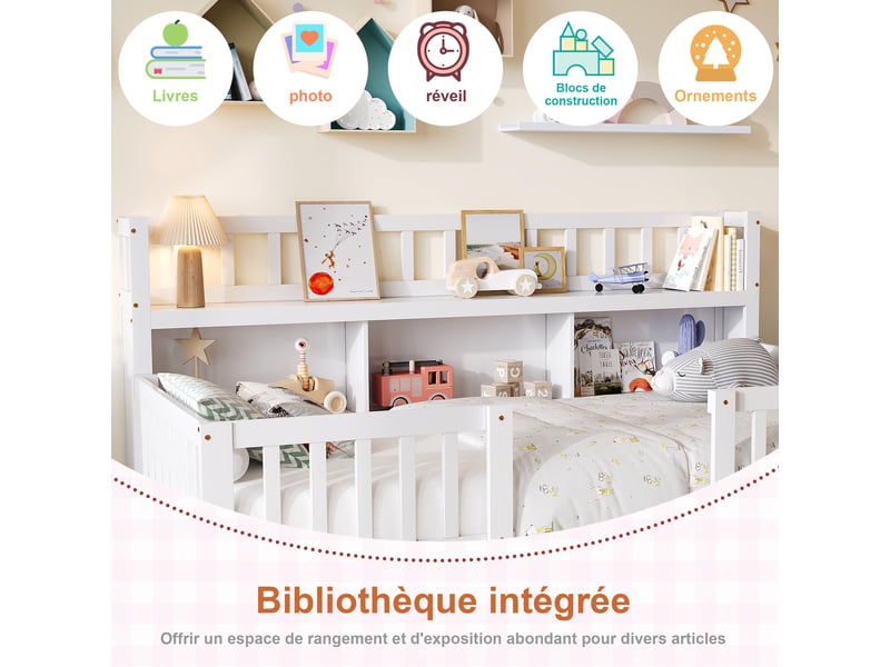 Lit enfant 90x200 avec sommier et bibliotheque, lit au sol avec barrière de sécurité, lit montessori en pin massif, 1 place, blanc - Conforama E