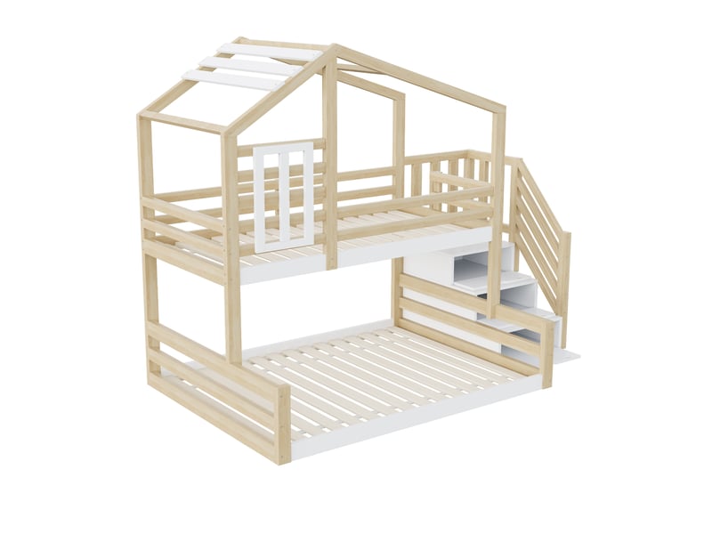  Lit superposé enfant 90 x 200 cm naturel en bois et mdf, escalier avec rangements, structure maison  - Conforama D