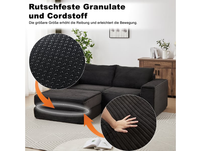 Canapé convertible modulaire avec pouf amovible - accoudoirs carrés, velours côtelé noir - Conforama E