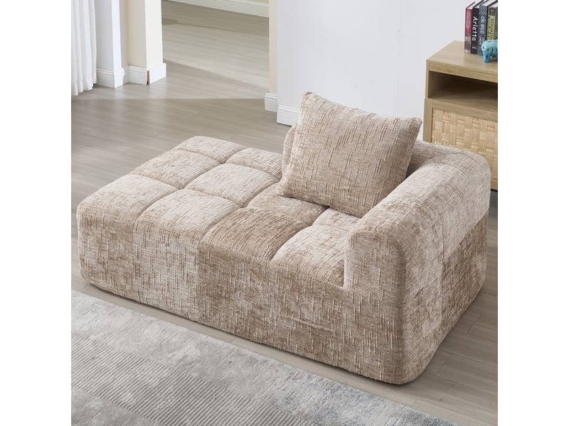  Canapé méridienne en chenille couleur kaki avec coussin inclus et poches latérales pratiques  - Conforama B