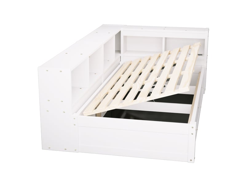  Lit banquette 1 place 200x90 cm avec coffre hydraulique, rangements, prise et led, blanc  - Conforama E