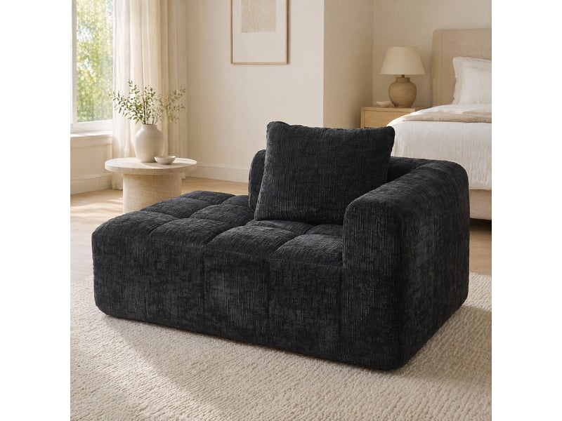 Méridienne fixe 1 place en tissu noir avec coussin et poches latérales, style contemporain pour votre salon  - Conforama B
