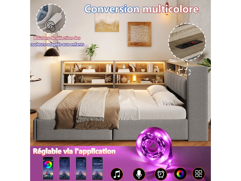  Canapé-lit coffre 140 x 200 cm - avec prise électrique - avec port usb + bande lumineuse led - tissu velours - gris (matelas non inclus)  - Conforama W