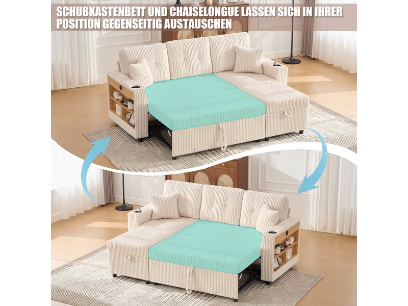  Canapé de salon, canapé velours – en velours tricoté, port usb, porte-gobelets, lit gigogne, avec accoudoirs, avec rangement  - Conforama E