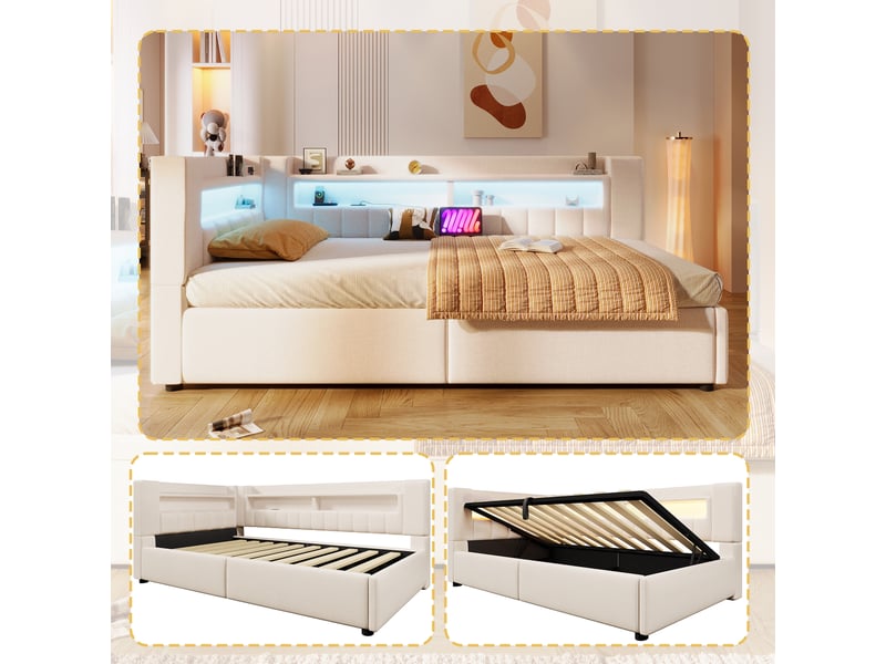 Lit coffre hydraulique 90x200 cm avec led et usb-c, tissu lin beige, structure mdf, sans matelas - Conforama E