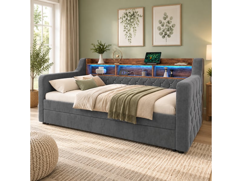  Lit gigogne 1 place en velours avec rangement, usb-c et led réglable, 90x190 cm, sans matelas, gris foncé  - Conforama C