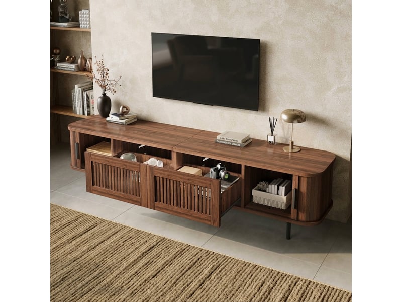 Meuble tv noyer 180 cm avec led app contrôle, bords arrondis et portes coulissantes - Conforama D